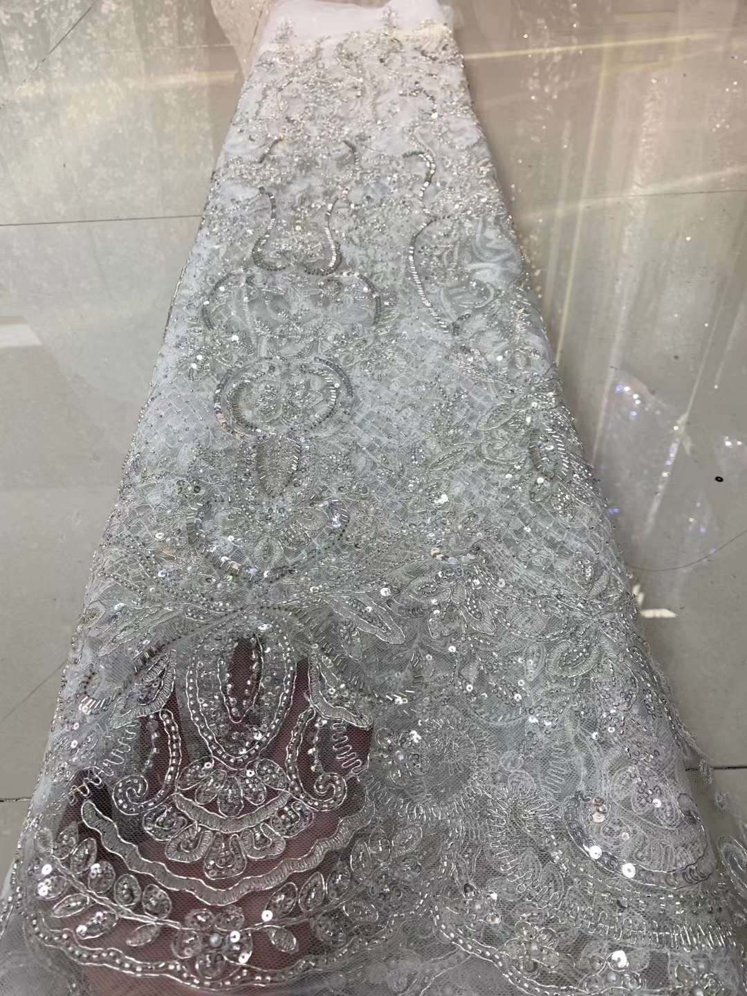 

African Lace Fabric 2022 High Quality With White Sequins Beads Nigerian Laces Fabrics For Wedding Sewing