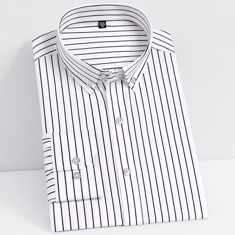 

Men's Long Sleeve Striped Dress Shirt Button Down Collar Stretch Male Casual Business Formal Wrinkle Resistant Fabric Shirts, White