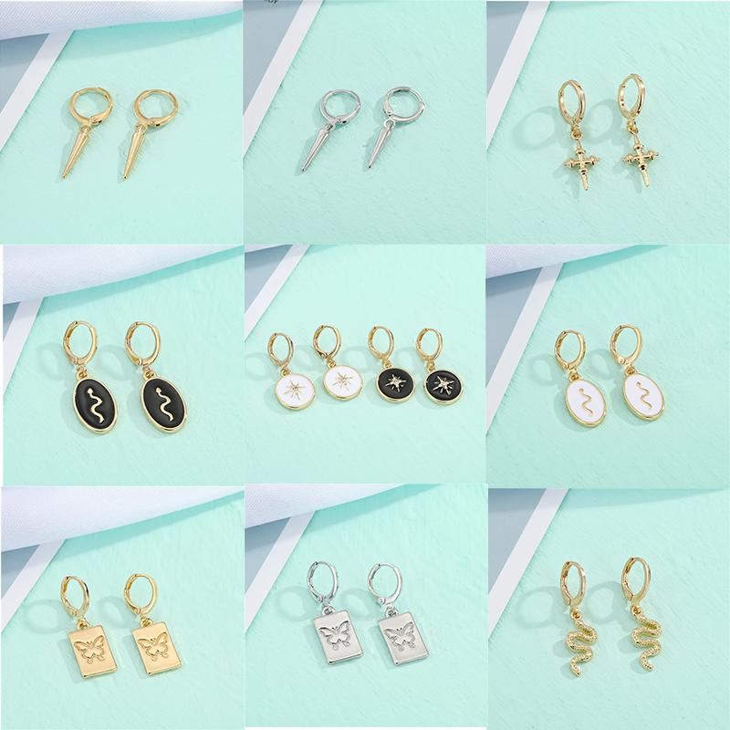 

Hoop & Huggie 1Pair Punk Enamel Snake Cone Cross Earrings For Women Vintage Fashion Square Butterfly Oval Sun Circle Small Ear StudHoop