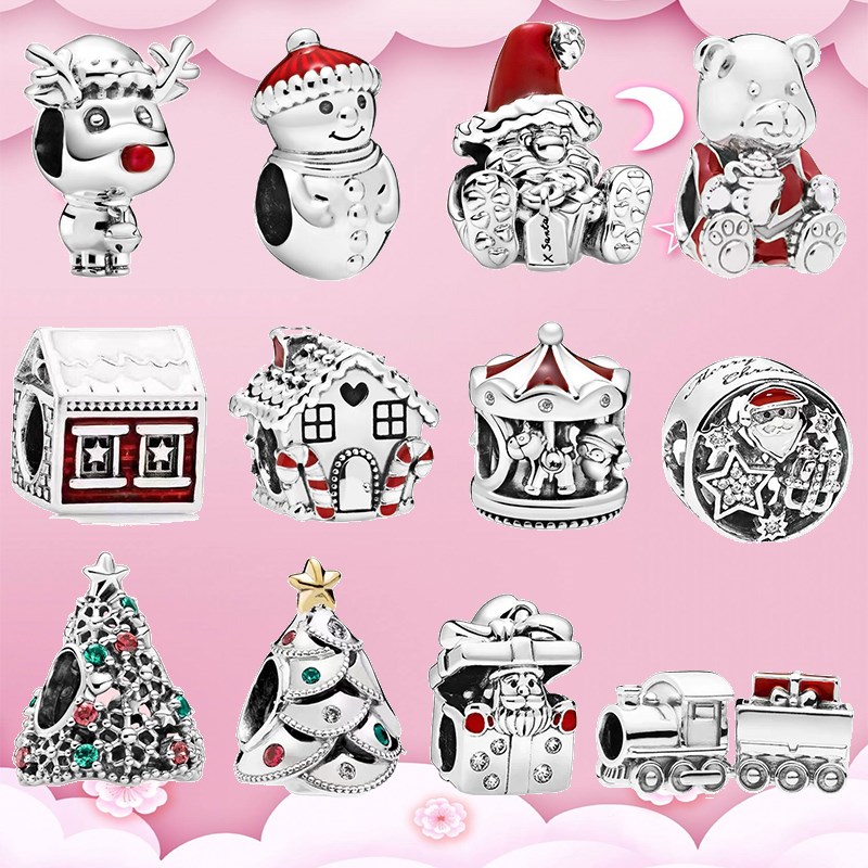 

925 Sterling Silver Pendant Charms for Pandora Original box Christmas Tree Charm Santa Claus House European Bead Charms Bracelet Necklace