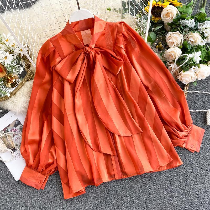 

Women's Blouses & Shirts Gagaok Women High Street Shirt 2022 Spring Autumn Turtleneck Puff Sleeve Striped Bow Full Loose Chic Wild Tops And, Black