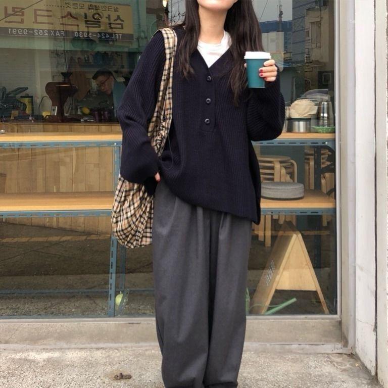 

Women' Sweaters 2022 Autumn Spring Knitted Pullovers Women Long Sleeve V-neck Oversize Solid Casual Korean Female Jumper C122, Navy blue