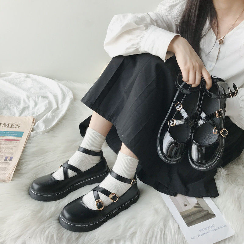 

Kulit Paten Lolita Sepatu Wanita Hitam Cute Kawaii Platform Mary Jane Fall Gesper Tali Flat Baru Jepang Pantofel 220614, Bright black a