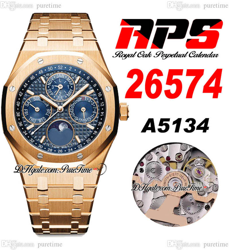 

APSF 2657 Perpetual Calendar Moon Phase A5134 CHS Automatic Mens Watch 18K Rose Gold Blue Grande Tapisserie Dial Stainless Steel Bracelet Super Edition Puretime G7