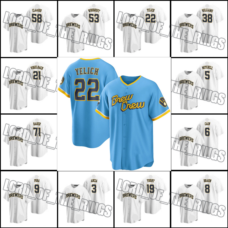 

Milwaukee 2022 City Connect Brewers Jersey Christian Yelich McCutchen Corbin Burnes Kolten Wong Josh Hader Lorenzo Cain Luis Urias Rowdy Tellez Tyrone Taylor, Woman custom jersey (njr)