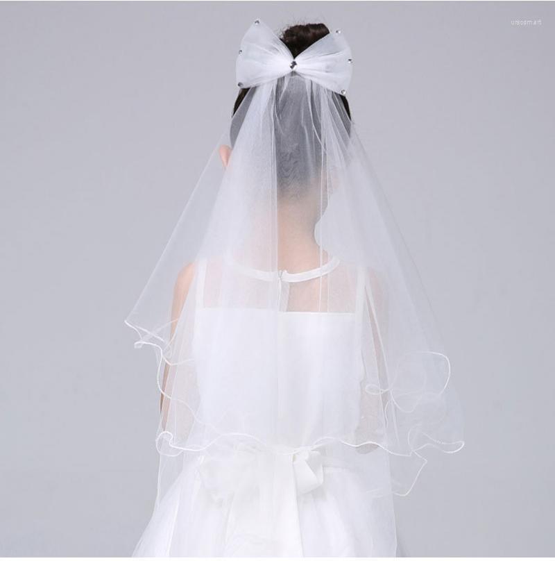 

Hair Accessories Girl Headdress Wedding White Veil Head Dress Princess Two Layers Bowknot Headwear Halloween Christmas Queen Cos Kid Gift 70