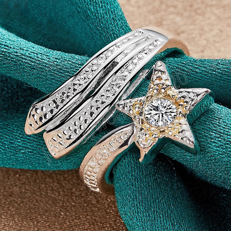 

925 Sterling Silver Gold Star AAAAA Ring For Women Man Fashion Simple Wedding Engagement Party Jewelry