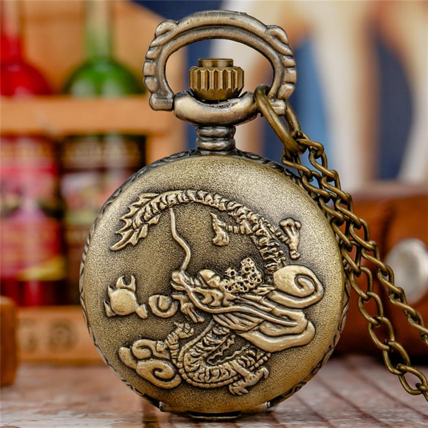 

Bronze Vintage Retro Dragon Pattern Small Size Pocket Watches Mens Womens Quartz Analog Watch Necklace Chain reloj de bolsillo267F