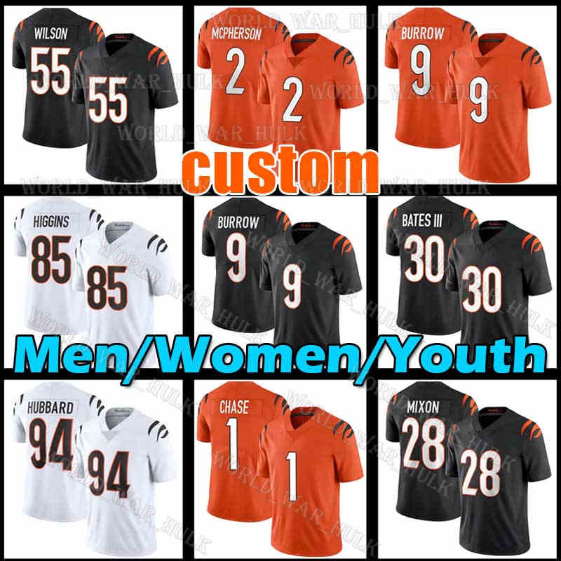 

Cincinnati''Bengals''9 Joe Burrow Football Jersey Daxton Hill Ja'Marr Chase Tee Higgins Evan McPherson Mixon Sam Hubbard Jessie Bates III Logan Wilson Bell, Women custom (m h)