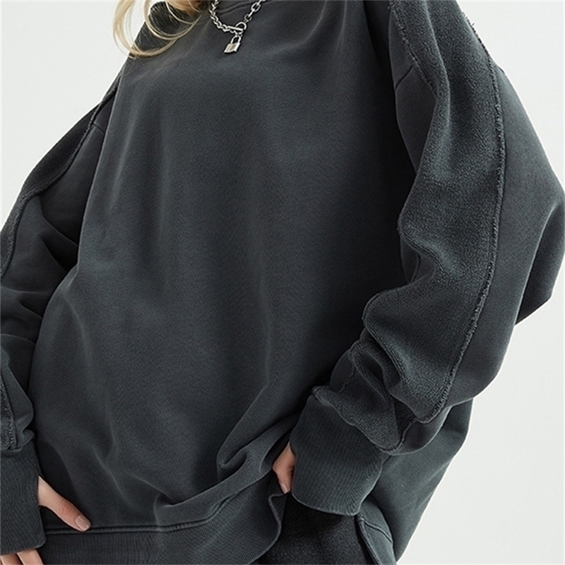 

Vintage Solid Color Sweatshirts Women Spring Autumn Cozy O Neck Fashion Sweatshirt Streetwear Simple Femme Pullovers Tops 220811, Dark grey