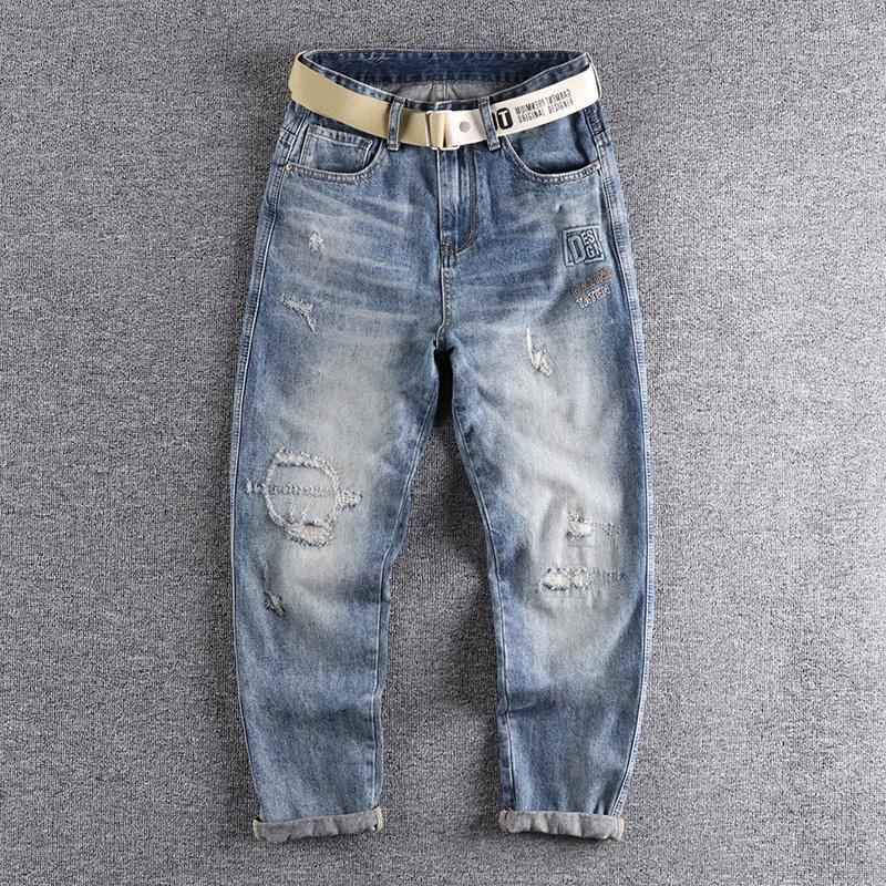

Men's Jeans Hole Patch Men's Spring And Summer Fashion European American Cropped Pants Fit Straight Trouser 688Men's Heat22, Blue