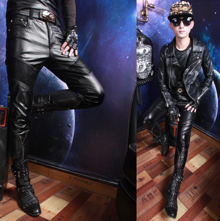 

Men's Pants Autumn Winter Splice Personality Fashion Plus Velvet Motorcycle Faux Leather Mens Feet Pu Trousers For Men WarmMen's, Black