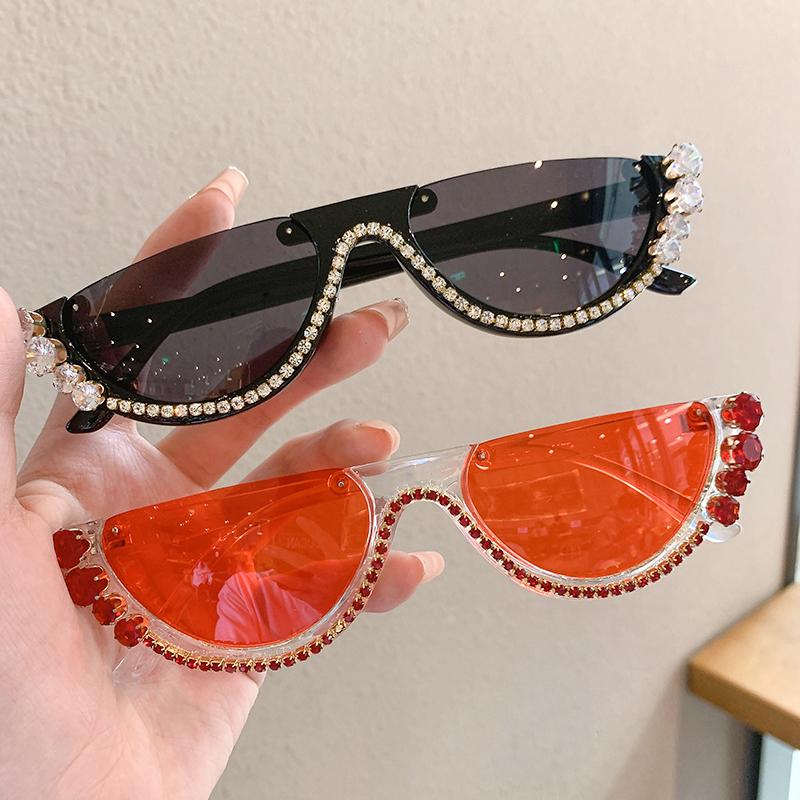 

Sunglasses Rhinestones Decorated Cat Eye Semi-frame Multicolor Trendy Fashion Eyewear Brand Designer UV400 Shades For LadiesSunglasses