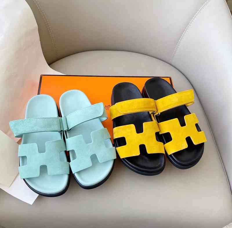 

Herme Slippers chypres sandals All leather h cool slippers for men and women wearing summer leisure beach thick bottom one word magic sticker Roman second uncle, Grey frosted leather