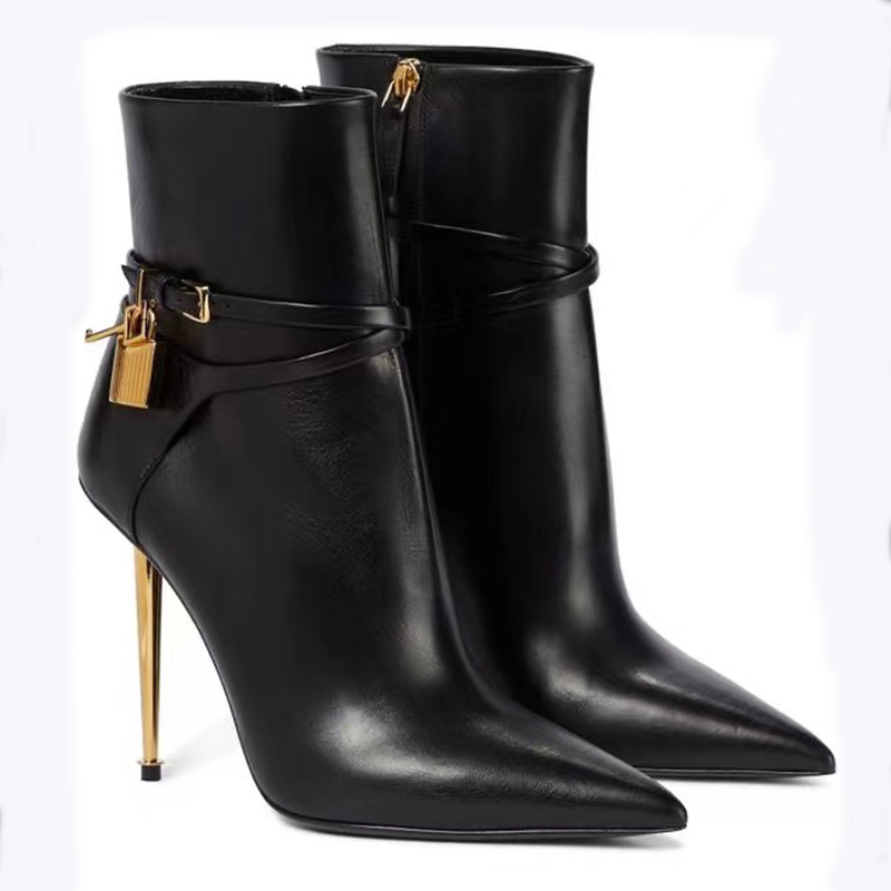 

2022 Fall/Winter New Designer Boots Womens Leather Martin Short Boots Pointed Toe Padlock Stilettos Solid Color Ankle Zipper Black Size 35-43, Black f