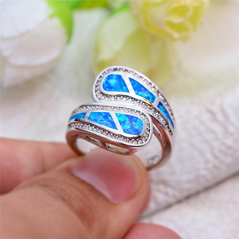 

Wedding Rings White Blue Fire Opal Infinity Ring Geometric Stone Engagement Vintage Silver Color For Women Fashion JewelryWedding