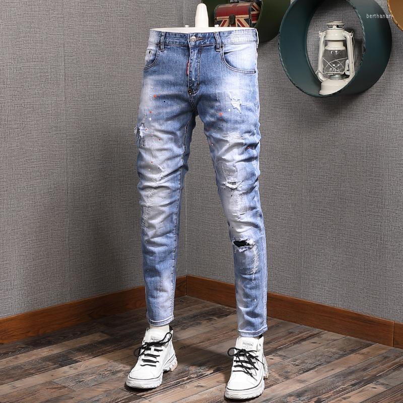 

Men's Jeans Summer Thin Mens Dots Printed Blue Stretch Ripped Men Fashion Slim Fit Pencil Pants Cowboy Casual Denim TrousersMen's Bert22