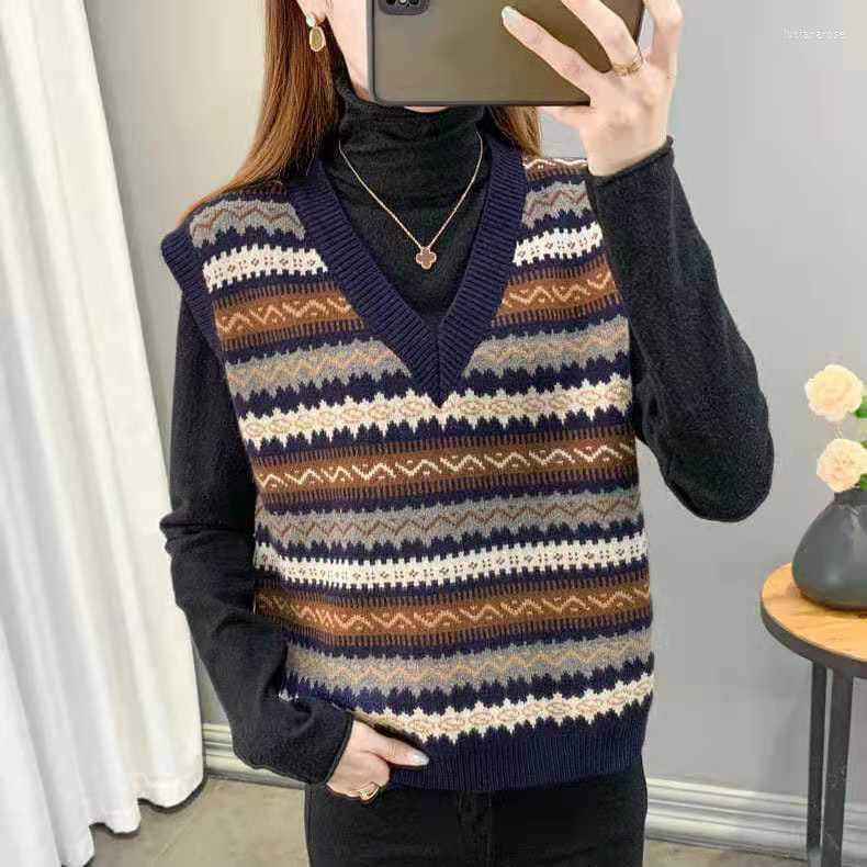 

Women's Vests Spring Autumn Korean Style Fashion Vest Coat For Women V-Neck Sleeveless Loose Oversize Knitwear Striped Waistcoat Female Luci, Base shirt