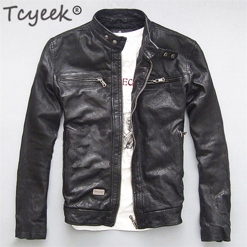 

Men Leather Jacket 100% Genuine Real Sheep Goat Skin Brand Black Male Bomber Motorcycle Biker Man's Coat Autumn Spring Clothes 220406, Brown