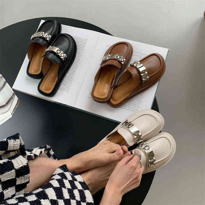 

2022 New Baotou Flip Flops For Women Slippers Spring Summer Band Design Round Head One Foot Slippers Low Heel Half Drag Women 220623, Black