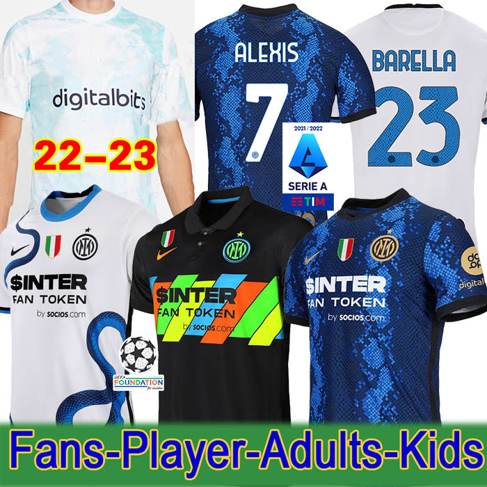 

BARELLA soccer jersey VIDAL inter LAUTARO ERIKSEN ALEXIS DZEKO CORREA MILAN 21 22 football shirts 2022 uniforms men + kids kit away third 3rd black tops, 21 22 3rd playe