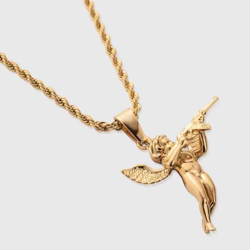 

hiphops Men Jewelry Cupids Revenge Angel Pendant 18k Gold Rope Chain 316L Stainls Steel 3D Angel with Gun Necklace A23