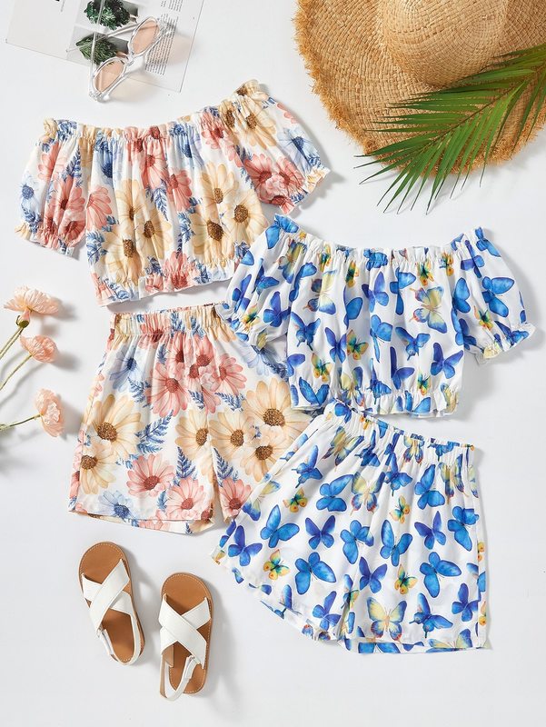 

Girls 2sets Puff Sleeve Crop Top & Shorts SHE, Multicolor