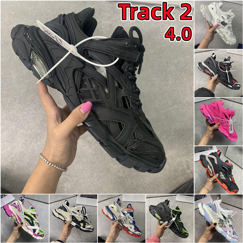 

Designers Casual Shoes Track 2 4.0 Sneakers Men Women Black White Macaron Grey Green Pink Yellow Blue Electric Cloth Embossed Leather Trainer 36-46