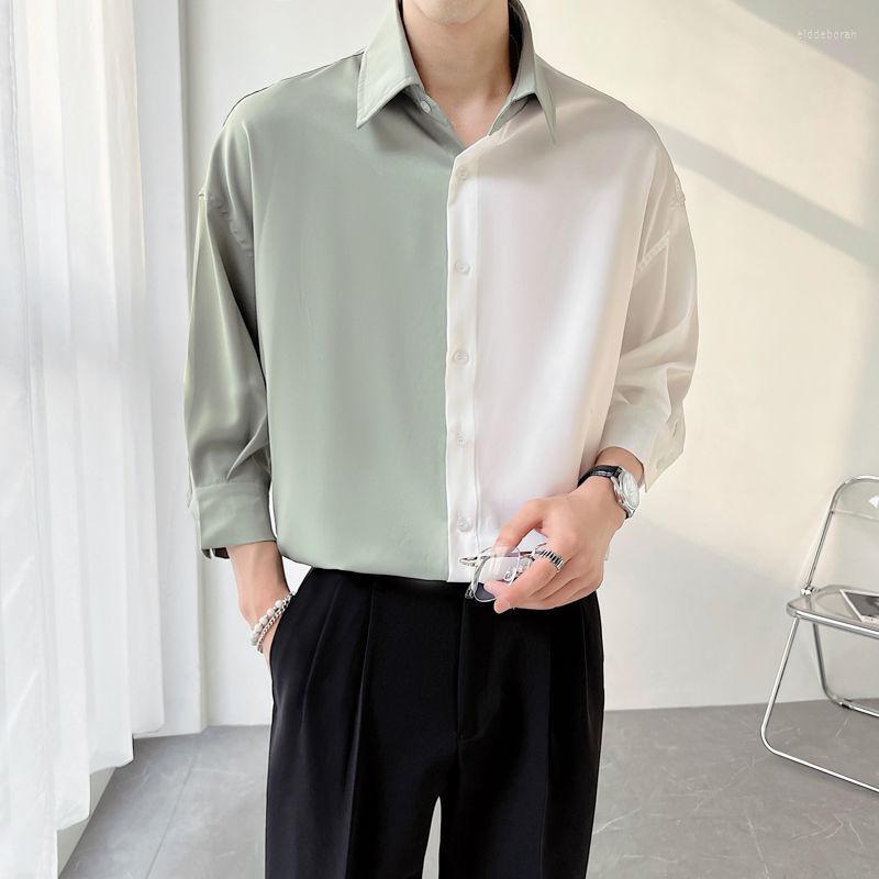 

Men's Dress Shirts Summer Short Sleeve Men Slim Fashion Social Mens Korean Ice Silk Casual Half Shirt -3XLMen's Eldd22, White green