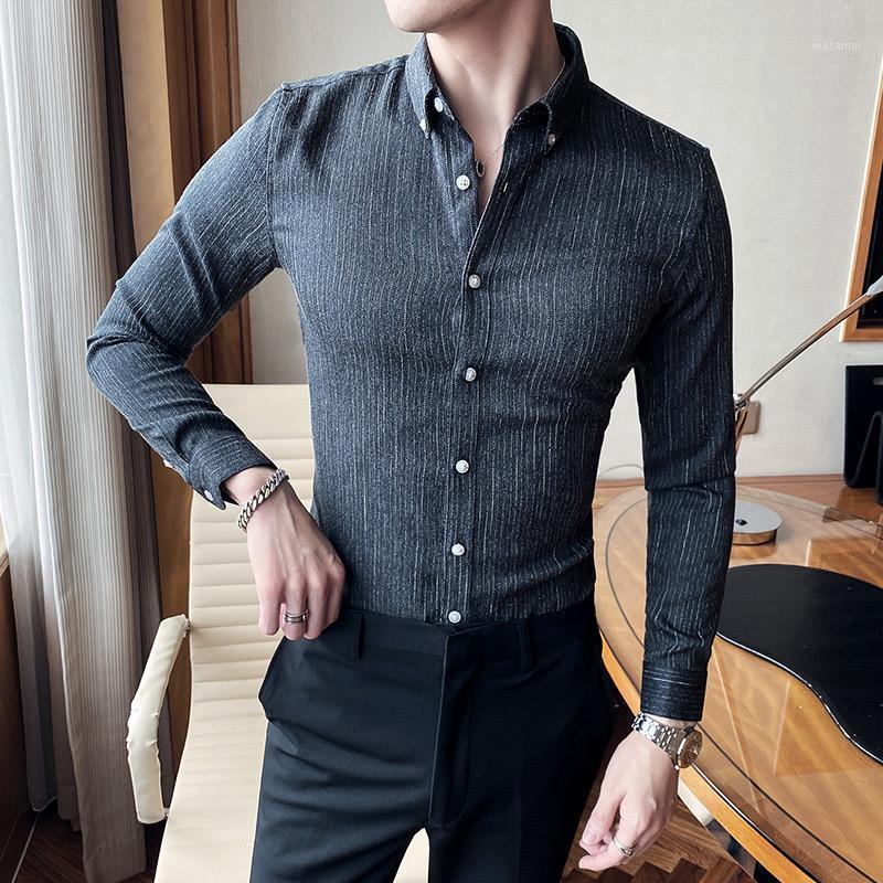 

British Style Vintage Men Striped Shirts Casual Long Sleeve Anti-Wrinkle Slim Fit Gentlemen Office Blouse Homme Formal Wear 4XL Men's, Black