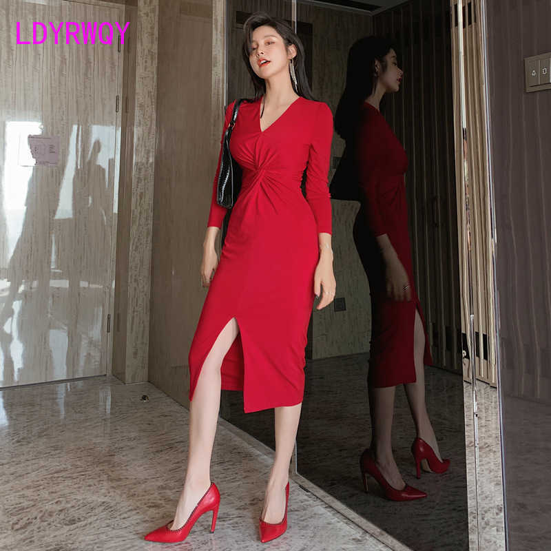 

spring and autumn Korean version of the wild cross Vneck knit slim fit temperament dress KneeLength Office Lady 210603, Red