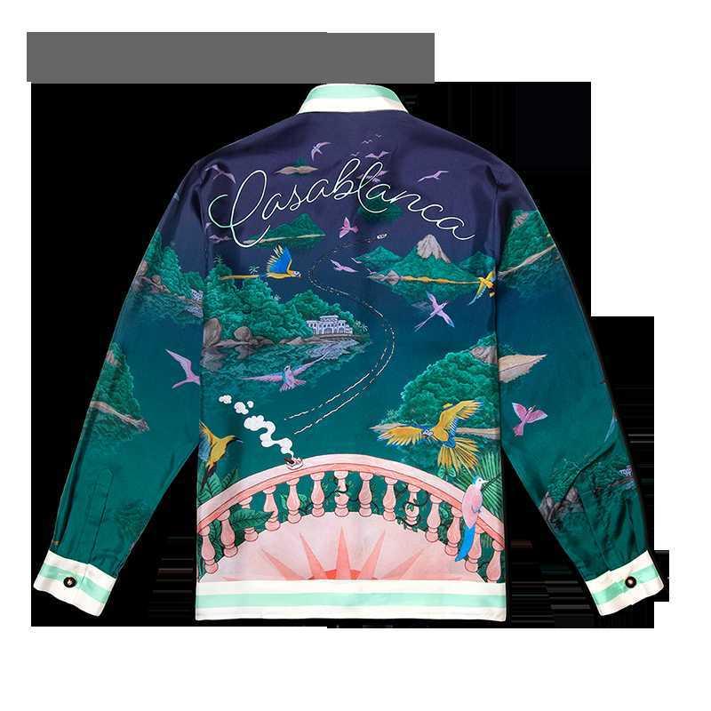 

High version Casablanca Sicilian Island Flower and bird aircraft Unisex Hawaiian Long Sleeve Shirt, Dark green