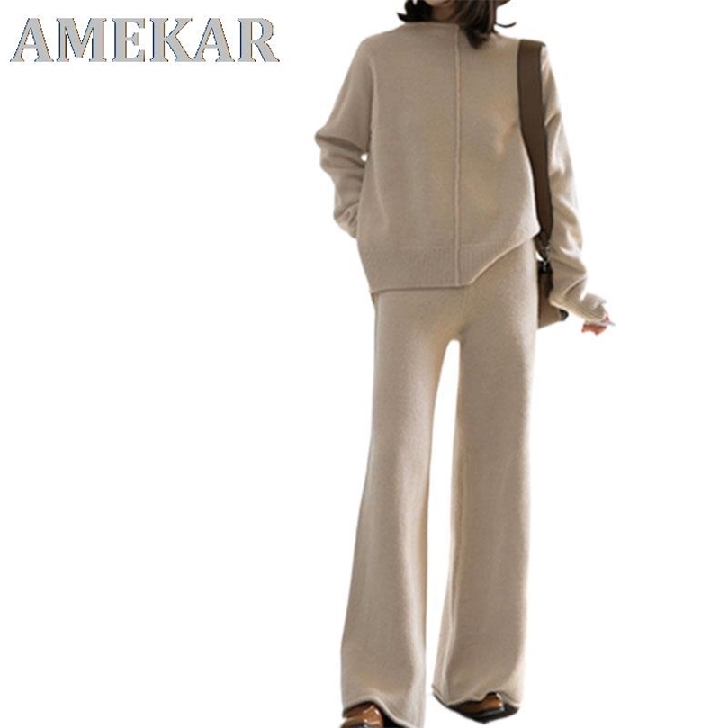 

Women Knitted Cashmere Long Sleeve Two Piece Set Winter Tracksuit Suits Oneck Top Wide Leg Pants For Women Suit Korean Outwear 220816, Khaki