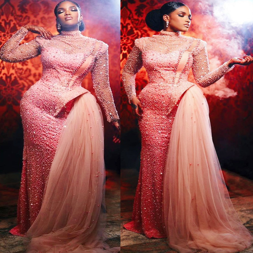 2022 Plus Size Arabic Aso Ebi Sparkly Sheath Pink Prom Dresses Beaded Crystals Evening Formal Party Second Reception Birthday Engagement Gowns Dress ZJ114