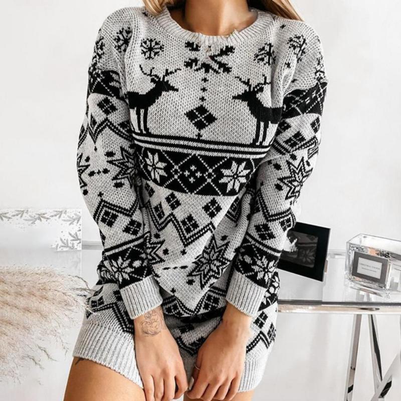 

Casual Dresses Adorable Winter Dress O-neck Long Sleeve Pullover Christmas Flavor Knitted Sweater For Party, Black;gray