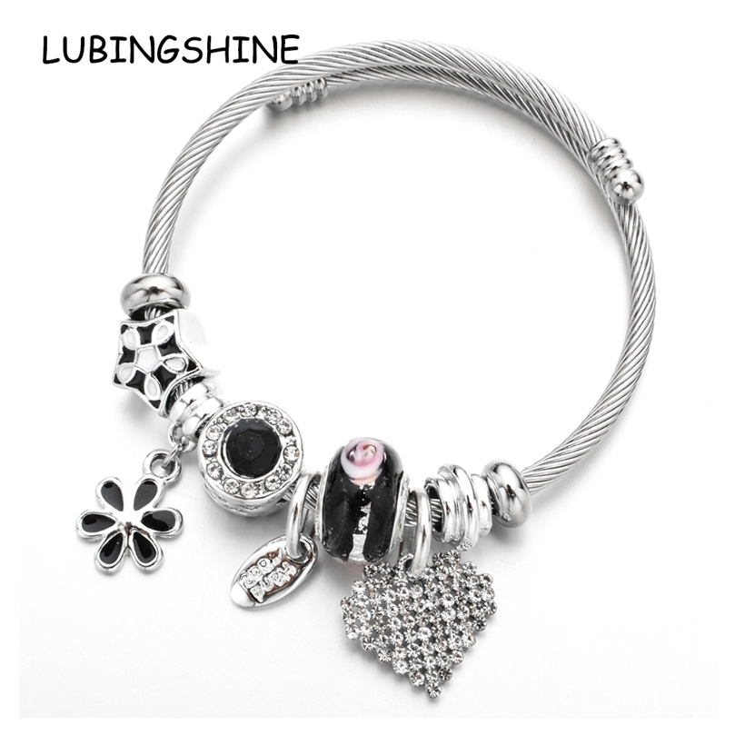 

Heart Flower Charms Bracelets for Women Girl Crystal Beads Stainless Steel Adjustable Open Cuff Wire Cable Bangles DIY Jewelry 220716