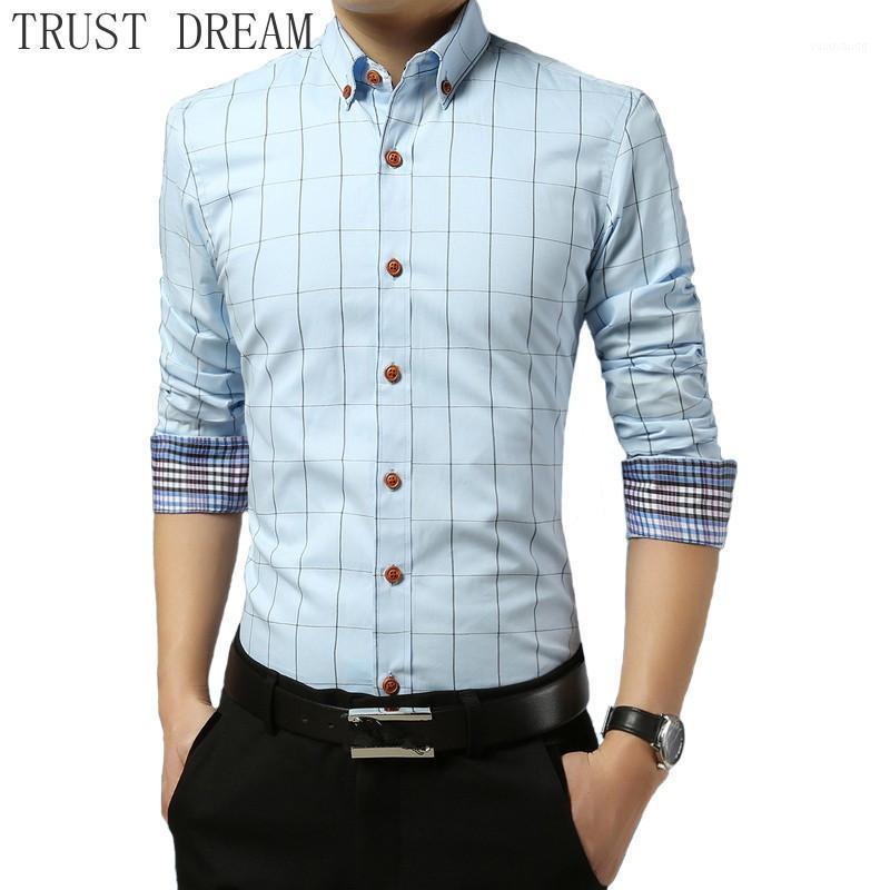 

Men Plaid Casual Shirt Solid Long Sleeve Classic Striped Male Social Dress Shirts White Blue Men's, Light blue cn size