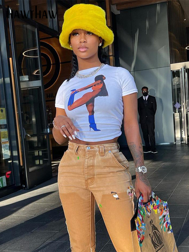 

Hawthaw Women Fashion Short Sleeve Graphic Printed White T Shirt Tops Tees 2022 Summer Clothes Wholesale Items For Business