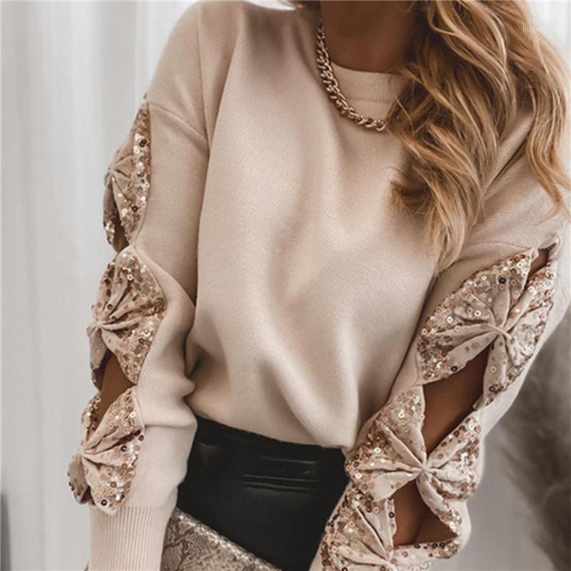 

Women' Blouses & Shirts Women Elegant Lace Patchwork Hollow Out Long Sleeve Fashion O-Neck Bow Solid Tops Ladies Casual Streetwear Blusa, Khaki