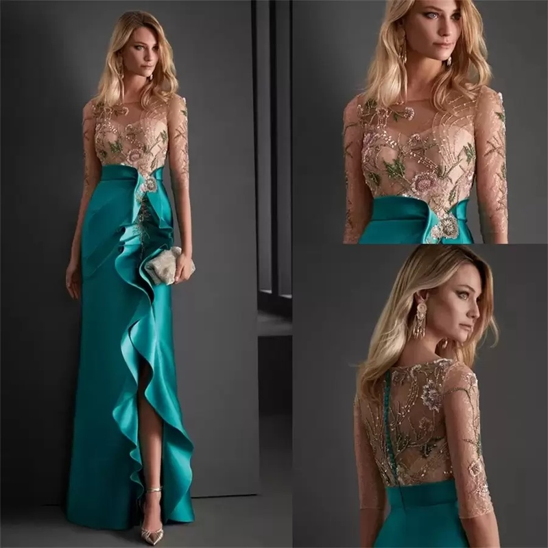 

Elegant Formal Mermaid prom Evening Dresses Wear Beads O Neck Half Sleeves Side Split Women Gowns Cocktail Party Dress 2022 C0613G03, Orange