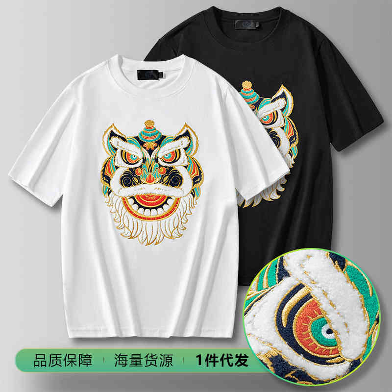 

New Chine style lion awakening short sve round neck t-shirt men's fashion brand men's large size T-shirt summer pure cotton half sve top, 8072 black