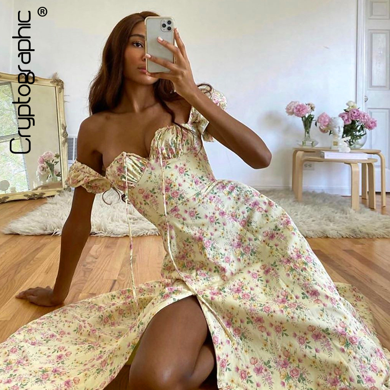 

Floral Print Fashion Puff Sleeve Ruched Midi Sundress Sexy Women Party Club Dress Cottagecore Split Dress Elegant, Blue