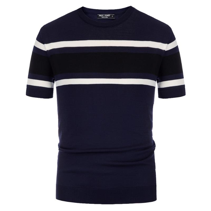 

Men' T-Shirts Men Contrast Color Sweater Short Sleeve Crew Neck Knitted T-Shirt Tops Ribbed Neckline Openings HemlineMen, Black