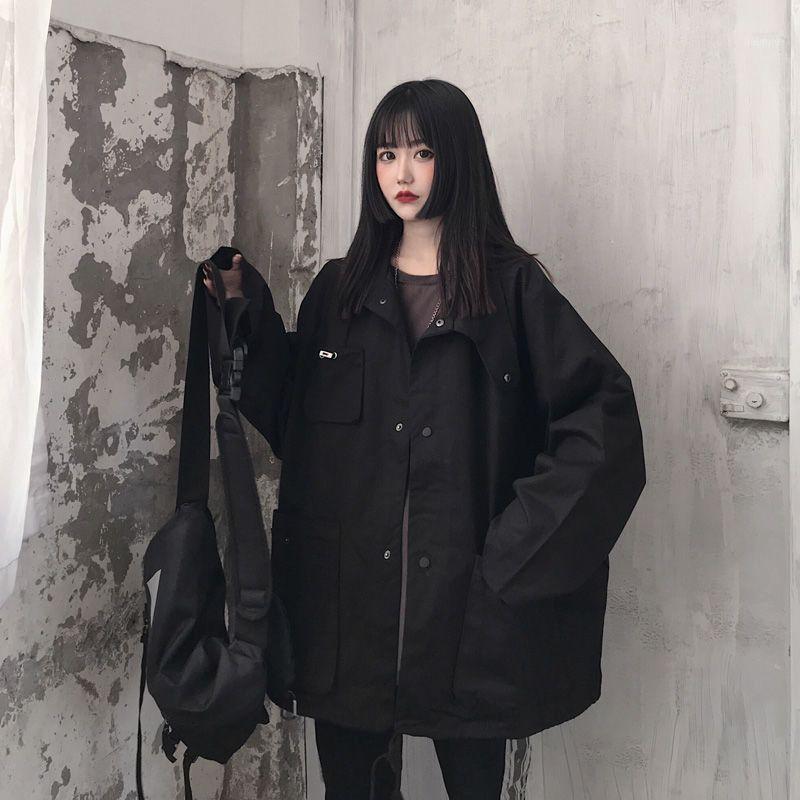 

Women's Jackets Harajuku Black Jacket Men Women Techwear Coats Korean Preppy Casual All-match Vintage Stand-up Collar Sunscreen Baseball Uni