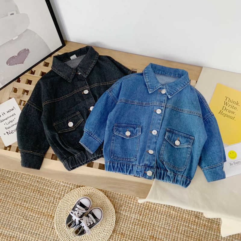 

Pure Color Boys Girls Denim Coats New Brand Spring autumn Kids Jackets Clothes Cartoon Coat Turn down Collar Children Clothing for, Blue