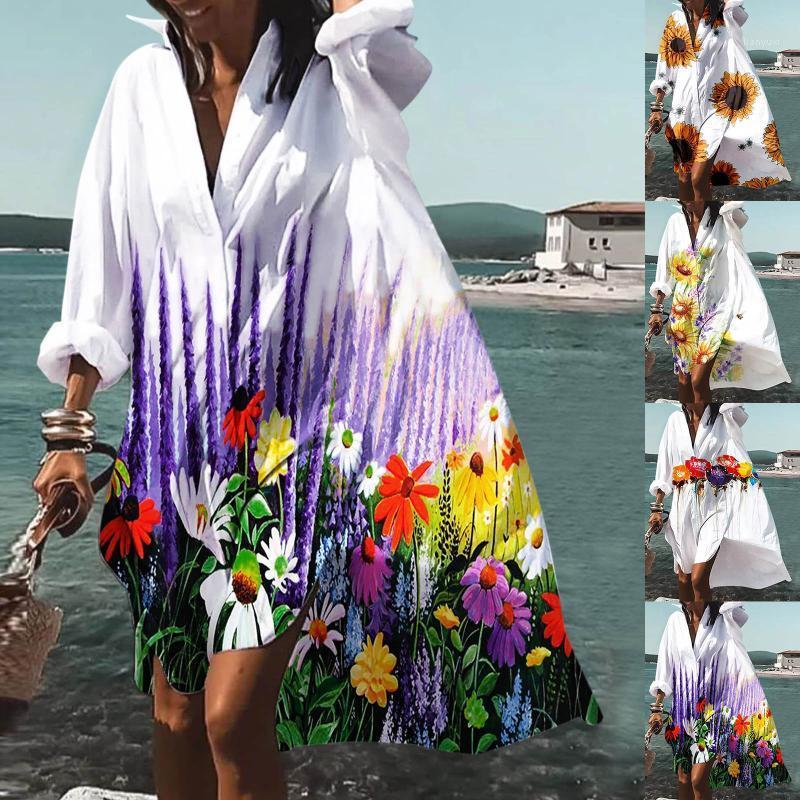 

Casual Dresses Fashion Print Dress Women Sexy V Neck Ladies Loose Oversize Boho Summer 2022 Elegant Female Button Shirts Mini Blusa, Orange