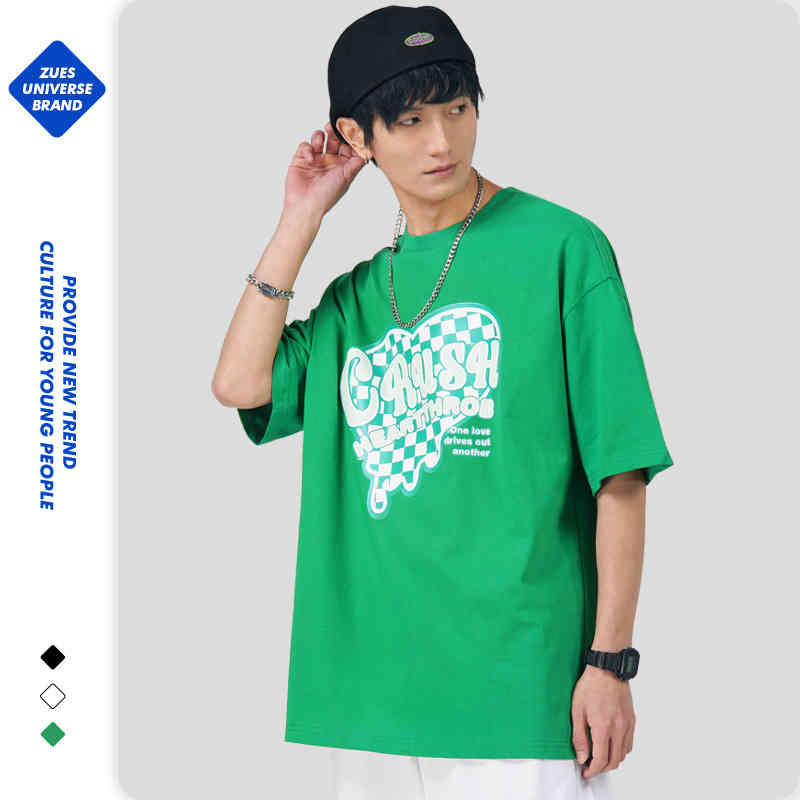 

Zu / 2022 spring and summer newborn green checkerboard fashion brand printed short sve t-shirt men's oversize pure cotton couple's wear, New green