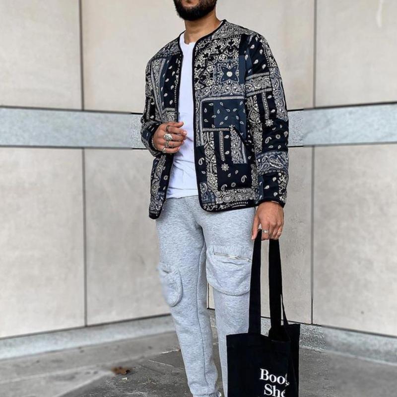 

Men's Jackets Men Coat O-Neck Long Sleeve Zipper Thick Warm Bomber Jacket Ethnic Style Cashew Nut Print Casual Cotton Male ClothingMen's, Black