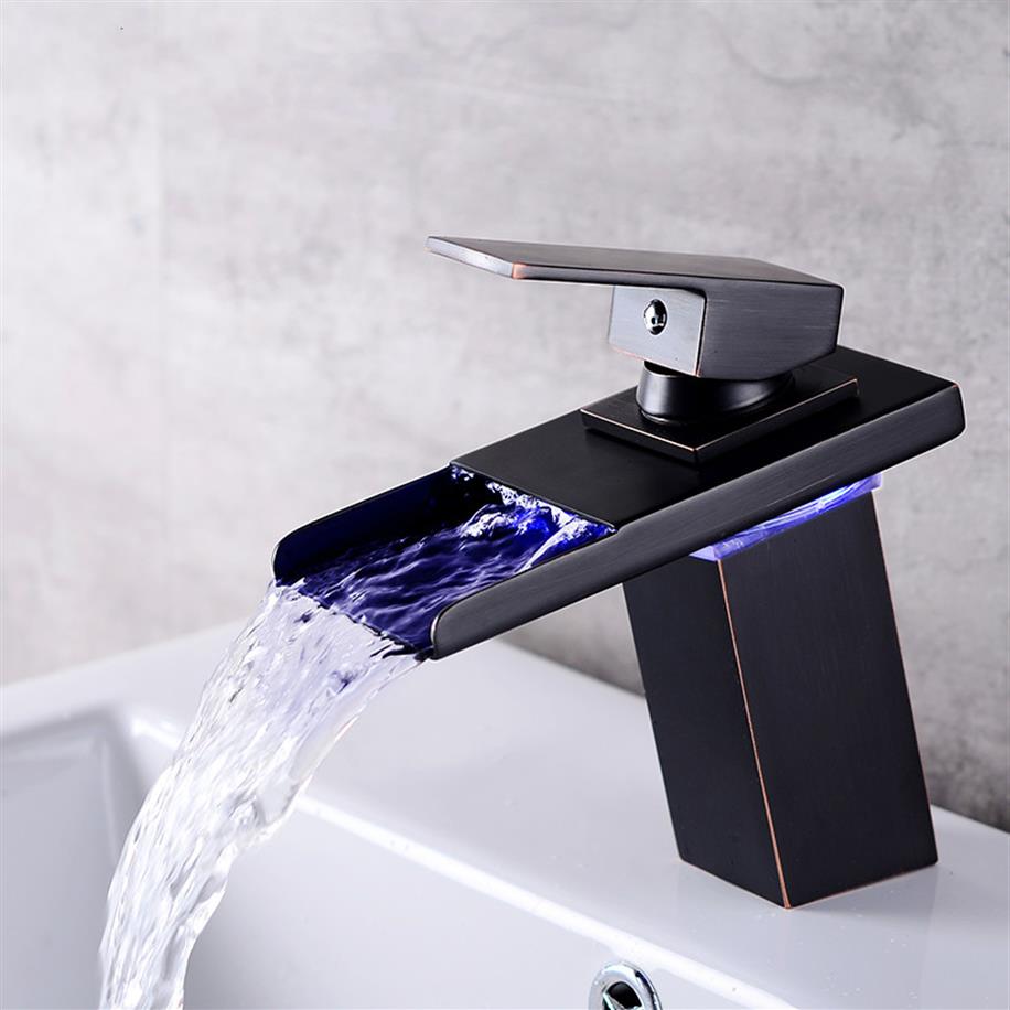 

LED Sensor Color Change Bathroom Faucet Black Chrome Basin Mixer Waterfall Spout Cold and Water Single Handle Tap317N