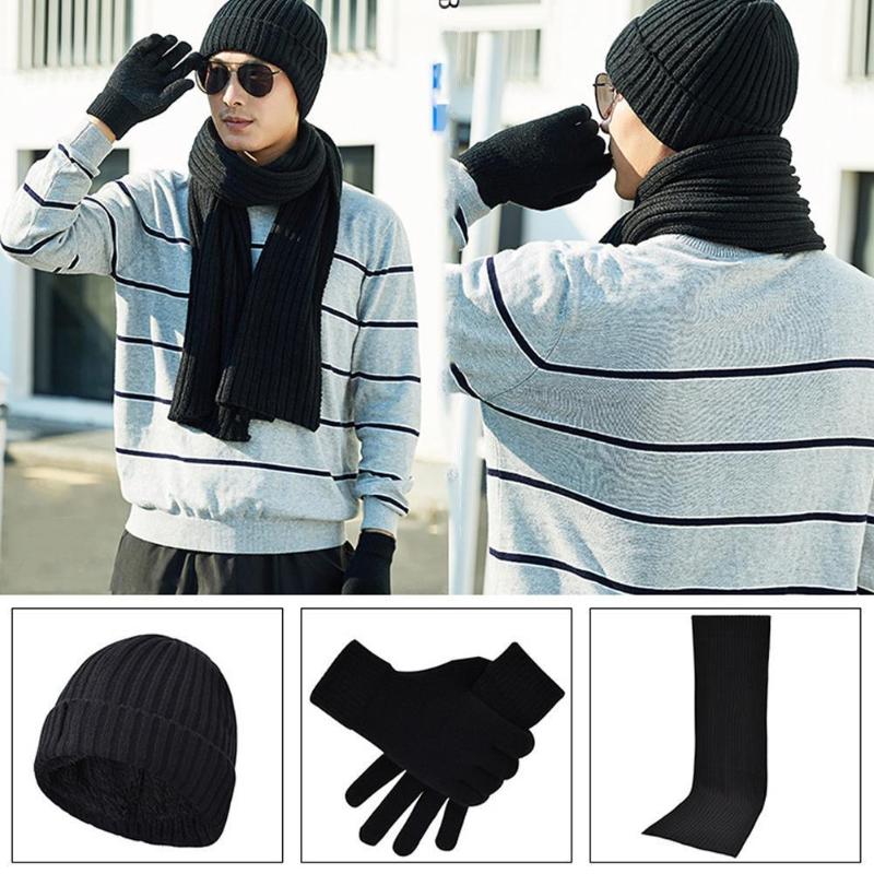 

Berets Unisex Windproof Color Hat Scarf Gloves Set Men And Women Winter Warm Knitted Three-piece Suit Christmas Gift
